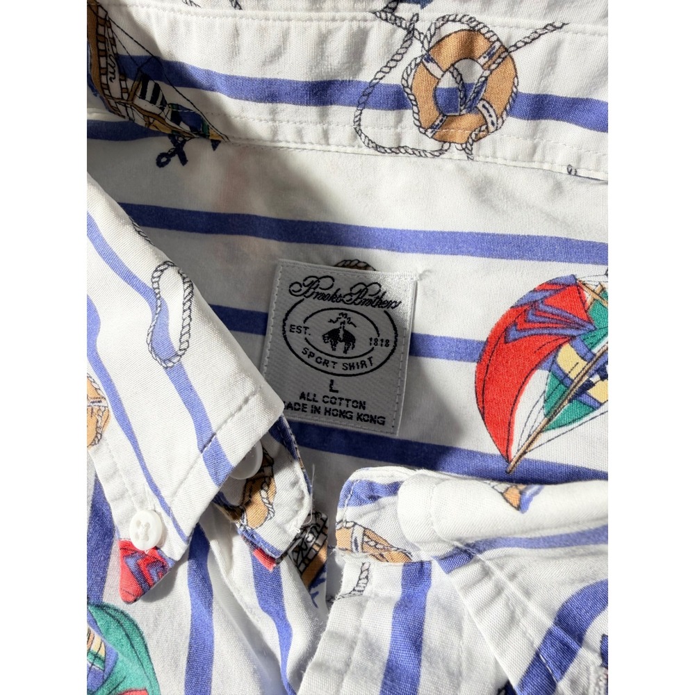 Vintage Brooks Brothers Sport Shirt Mens Large White Blue Nautical Sailboat - Picture 4 of 5